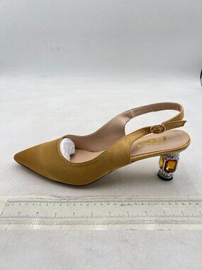 FSJ Women's Gold Velvet Pointed Toe Slingback Rhinestone Heel Pumps